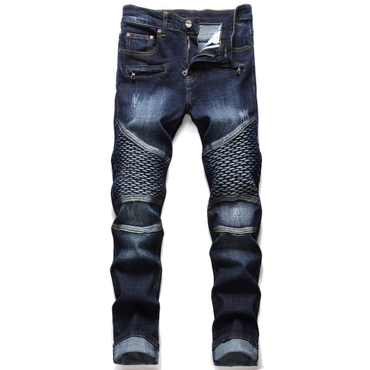 Motorcycle Pleated Slim Stretch Jeans